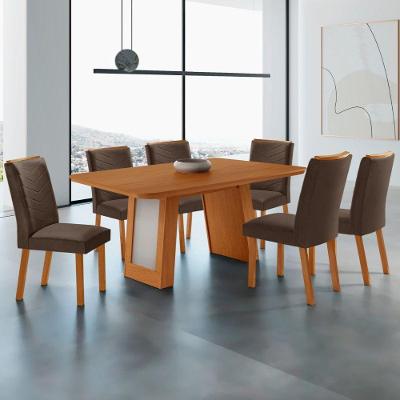 Conjunto de Jantar Carolina Laminado 6 Lugares Tampo MDF Cadeiras Estofadas Marrom 180CM Moderna
