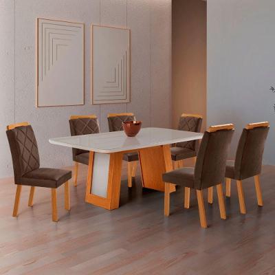 Conjunto de Jantar Carolina 6 Lugares Tampo MDF com Cadeiras Melissa Veludo Marrom 180CM Moderna