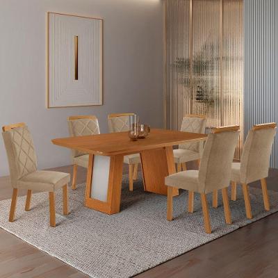 Conjunto de Jantar Carolina 6 Lugares Tampo MDF Cadeiras Estofadas Off White 180CM Moderna
