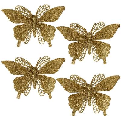 Enfeite Natalino Borboleta Natalina Decorativa com Glitter Vazado Dourado Yangzi 4 Unidades