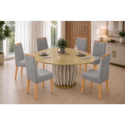 Conjunto Mesa Jantar Tokyo 6 Lugares com Cadeiras Estofadas Neblina 136CM DJ Móveis
