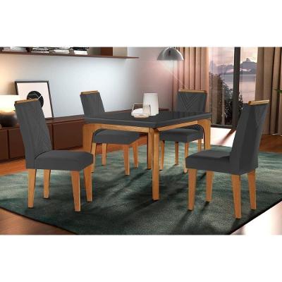 Conjunto Mesa Jantar Londrina + 4 Cadeiras Amsterdã 4 Lugares Tampo Vidro Imbuia-Grafite 120CM