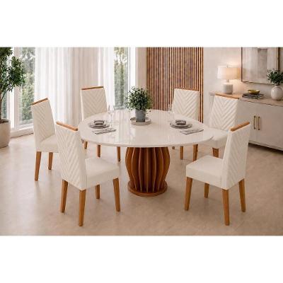Conjunto Mesa de Jantar Tokyo 6 Lugares Tampo MDF Cadeiras Nara Estofadas Neve 136CM DJ Móveis