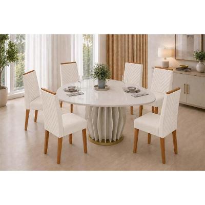 Conjunto Mesa de Jantar Tokyo 6 Lugares Tampo MDF Cadeiras Nara Estofadas Linho Neve 136CM DJ Móveis