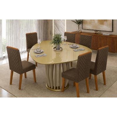 Conjunto Mesa de Jantar Tokyo 6 Lugares Tampo MDF Brilhante com Cadeiras Nara Estofadas Linho Canela