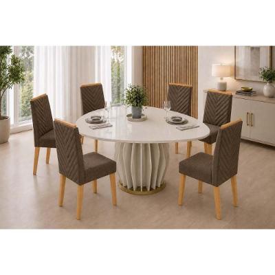 Conjunto Mesa de Jantar Tokyo 6 Lugares Tampo em Vidro Cadeiras Nara Estofadas Canela DJ Móveis