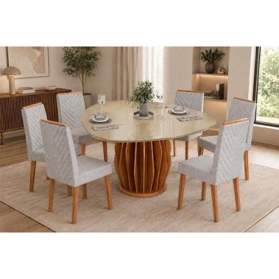Conjunto Mesa de Jantar Tokyo 6 Lugares com Cadeiras Nara Tampo Vidro Neblina 136CM DJ Móveis