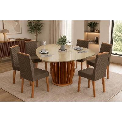 Conjunto Mesa de Jantar Tokyo 6 Lugares com Cadeiras Nara Estofadas Linho Canela 136CM DJ Móveis
