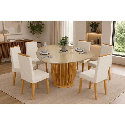 Conjunto de Mesa de Jantar Tokyo 6 Lugares Tampo MDF com Cadeiras Nara Estofadas Neve 136CM DJ