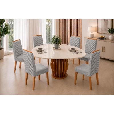 Conjunto de Mesa de Jantar Tokyo 6 Lugares com Cadeiras Nara Estofadas Neblina 136CM DJ Móveis