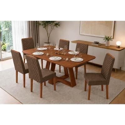 Conjunto de Mesa de Jantar Celeste 6 Lugares com Cadeiras Nara Tampo MDF Linho Café 170CM DJ Móveis
