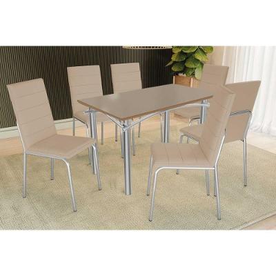 Conjunto de Mesa de Jantar Elba + 6 Cadeiras 6 Lugares Tampo MDF Base Aço Cromada Café 120CM