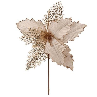 Flor Decorativa Bico de Papagaio Natalina Luxo com Glitter Creme Yangzi 33CM