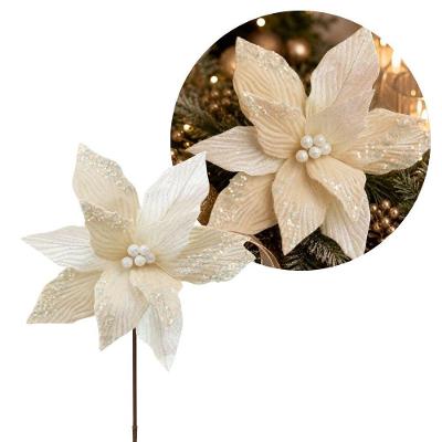 Flor Decorativa Natalina Flor Bico de Papagaio Luxo com Lantejoulas Furta-cor Branco Cristal e Creme