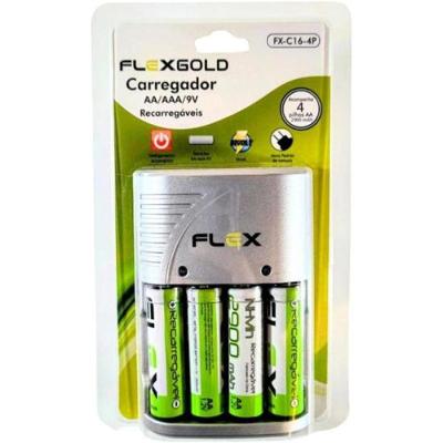 Carregador de Pilhas 2 Flex FXC164P para AA AAA 9V Bivolt com 4 Pilhas AA 2900mAh Cinza