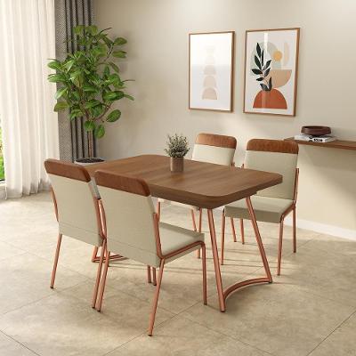 Conjunto Sala de Jantar Azaleia 4 Lugares Tampo MDP Cadeiras em Aço Tecido Premium Rosê 130CM Móveis