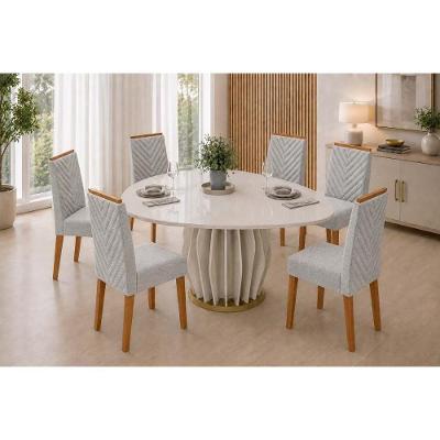 Conjunto Mesa Jantar Tokyo 6 Lugares com Cadeiras Nara Tampo MDF Chanfrado Estofado Neblina 136CM DJ