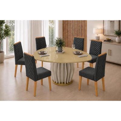 Conjunto Mesa de Jantar Tokyo 6 Lugares com Cadeiras Nara Estofadas Off White Dourado 136CM DJ