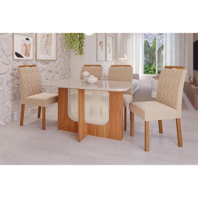 Conjunto Mesa Jantar Louise 4 Lugares Tampo Vidro Cadeiras Estofadas Nude Cimol Móveis