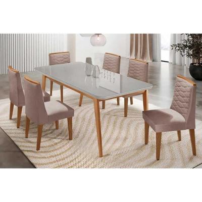 Conjunto Mesa Jantar Havana 6 Lugares Tampo Vidro com Cadeiras Maldivas Estofadas Off White Móveis