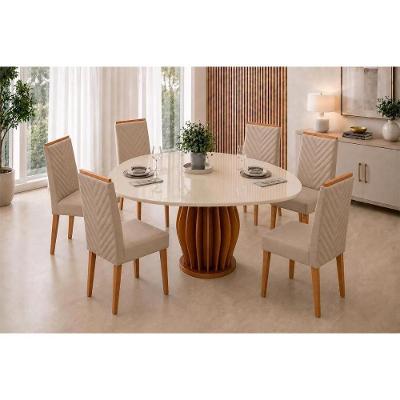 Conjunto Mesa de Jantar Tokyo 6 Lugares com Cadeiras Estofadas Bege 136CM DJ Móveis