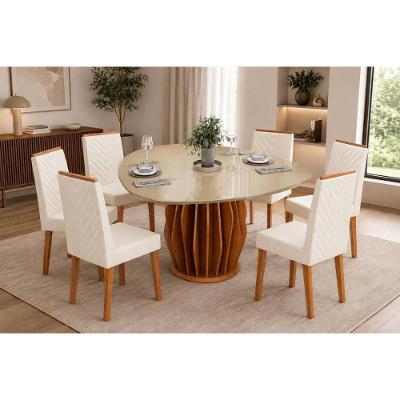 Conjunto Mesa de Jantar Tokyo 6 Lugares com Cadeiras Nara Estofadas Linho Neve 136CM DJ Móveis