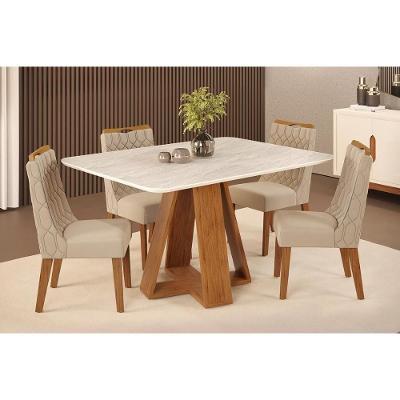 Conjunto Mesa de Jantar Celeste 4 Lugares Tampo MDF Cadeiras Bia Estofadas Suede Amadeirado 120CM DJ