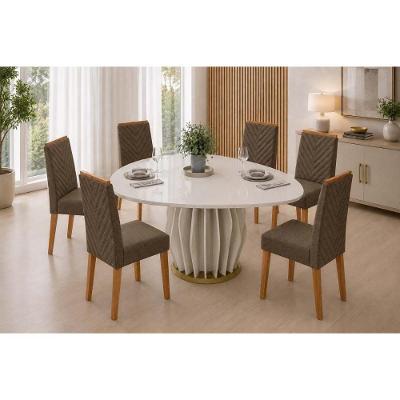 Conjunto Mesa de Jantar Tokyo 6 Cadeiras Nara Tampo MDF com Vidro Estofadas Linho Canela 136CM DJ