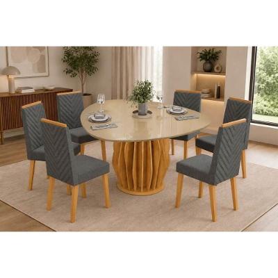Conjunto Mesa de Jantar Tokyo 6 Lugares com Cadeiras Nara Estofadas Linho Granito 136CM DJ Móveis