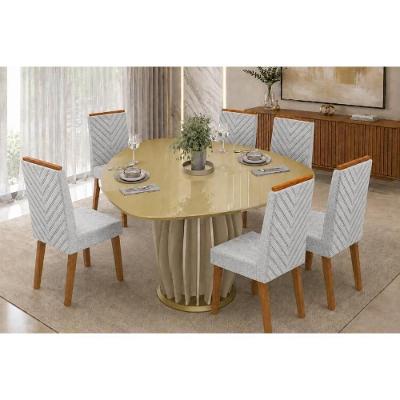 Conjunto de Mesa de Jantar Tokyo 6 Lugares Tampo em MDF com Vidro e Cadeiras Nara Estofadas Off