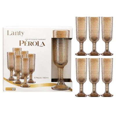 Jogo de Taças Champanhe Pérola 6 Peças Vidro Haste Relevo Mesa Posta Âmbar Ke Home 160ML