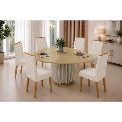 Conjunto de Jantar Tokyo 6 Lugares Tampo MDF Cadeiras Estofadas Linho Neve 136CM DJ Móveis