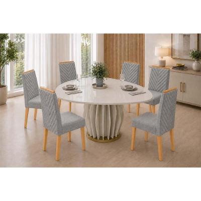 Conjunto de Jantar Tokyo 6 Lugares Tampo MDF Cadeiras Estofadas Linho Neblina 136CM DJ Móveis
