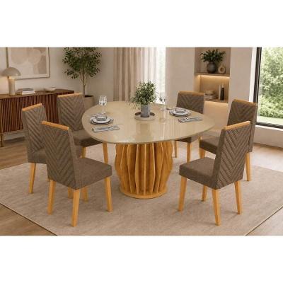 Conjunto de Jantar Tokyo+6 Cadeiras Nara 6 Lugares Tampo em Vidro Canela 136CM DJ Móveis