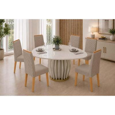 Conjunto de Jantar Tokyo+6 Cadeiras Nara 6 Lugares Tampo em Vidro Bege 136CM DJ Móveis