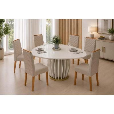 Conjunto de Jantar Tokyo 6 Lugares Tampo MDF Cadeiras Nara Estofadas Linho Bege 136CM DJ Móveis
