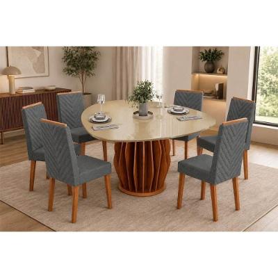 Conjunto de Jantar Tokyo 6 Lugares Tampo em Vidro Café 136CM DJ Móveis