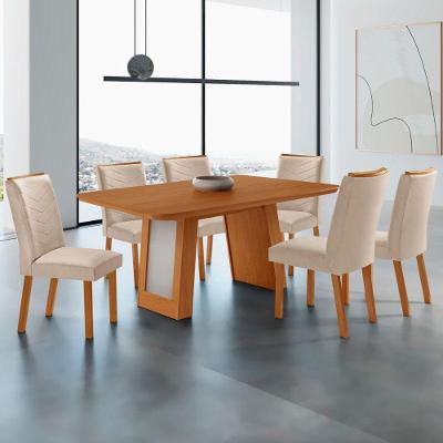 Conjunto de Jantar Carolina Laminado 6 Lugares Tampo MDF Cadeiras com Assento Estofado Creme Moderna