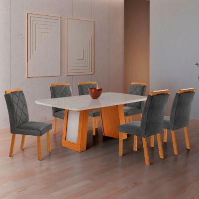 Conjunto de Jantar Carolina 6 Lugares Tampo MDF com Vidro e Cadeiras Melissa Linho Grafite 180CM