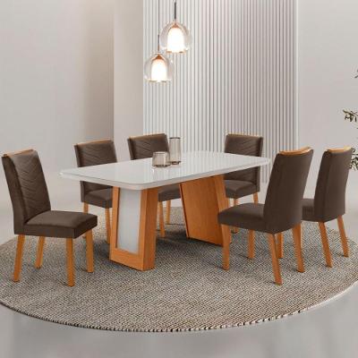 Conjunto de Jantar Carolina 6 Lugares Tampo MDF Cadeiras Estofadas Marrom Off White 180CM Moderna