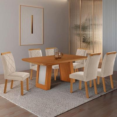 Conjunto de Jantar Carolina 6 Lugares Tampo MDF Cadeiras Estofadas Creme 180CM Moderna