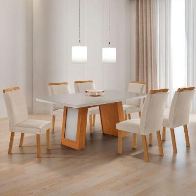 Conjunto de Jantar Carolina 6 Lugares Tampo em Vidro Cadeiras Athenas Veludo Off White Moderna