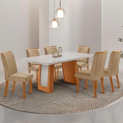 Conjunto de Jantar Carolina 6 Lugares Tampo MDF Cadeiras Estofadas Off White 180CM Moderna