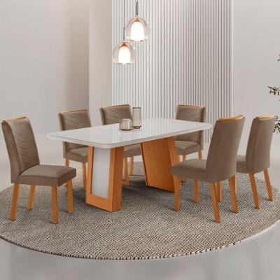 Conjunto de Jantar Carolina 6 Cadeiras Liz Tampo MDF com Vidro Off White 180CM Moderna