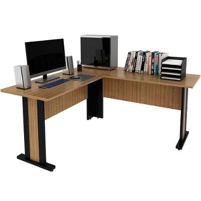 Mesa de Canto para Escritório em l Angular Moderno sem Gavetas MDP Amêndoa e Preto Tecnomobili