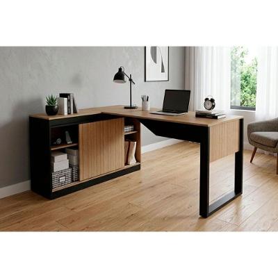 Mesa de Escritório em l Canto ME 4201 1 Porta Moderno MDF 160CM Amêndoa e Preto Tecno Mobili