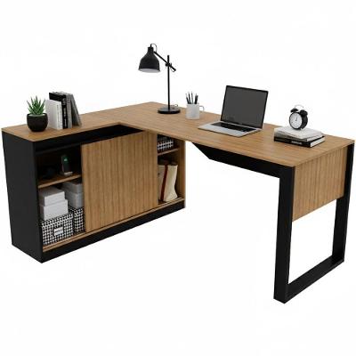 Mesa de Canto para Escritório em l com Armário Lateral Moderno MDP 160CM Amêndoa e Preto Tecnomobili