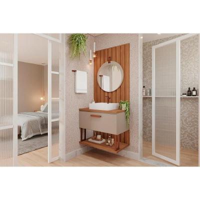 Conjunto Banheiro Duna c-1 Porta e 1 Prateleira c-Cuba 80CM + Painel c-Espelho Lua 60x60CM Marrom
