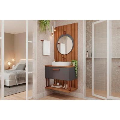 Conjunto Banheiro Gabinete Duna c-1 Porta e 1 Prateleira c-Cuba 80CM + Painel c-Espelho Lua 60X60CM