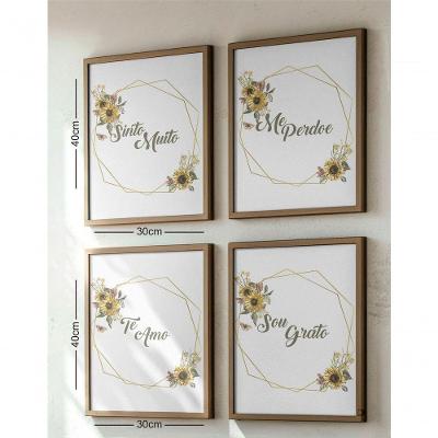 Quadro Decorativo Ho'oponopono Retangular em Madeira com Vidro Bege Decorativa Enxovais 4 Peças